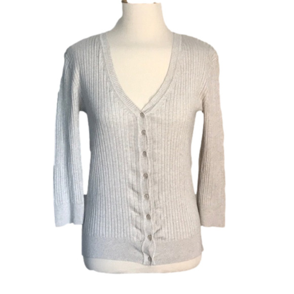 RAFAELLA Women's Small Tan Silk Blend Button-up Ribbed 3/4 Sleeve Cardigan cozy - Picture 1 of 5